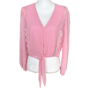 WAYF sz S Lace‎ Trim Knotted Long Sleeve Blouse Barbie Bubblegum Pink NEW